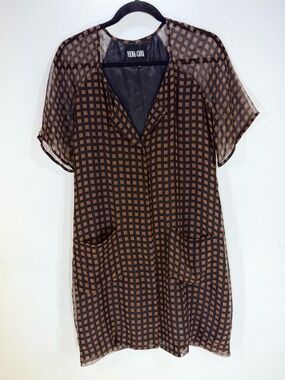 Vena Cava Sheer Grid Print Pocket Dress Brown Black Mesh Shift